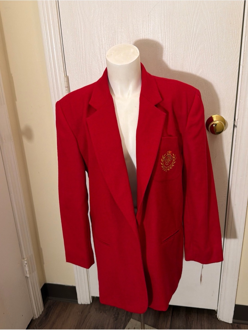 Vtg 90s Herman Geist Red Wool Embroidered Crest Blazer Womens 14 Petite NWT